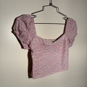 Audrey 3+1 Linen Blend Pink Floral Smocked Crop Top